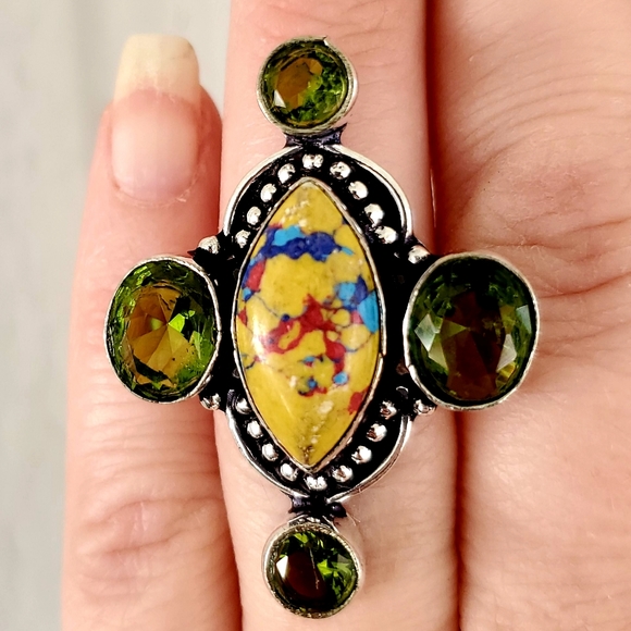 New Unique Mosaic Jasper and Peridot 925 Silver Ring. - Picture 2 of 8